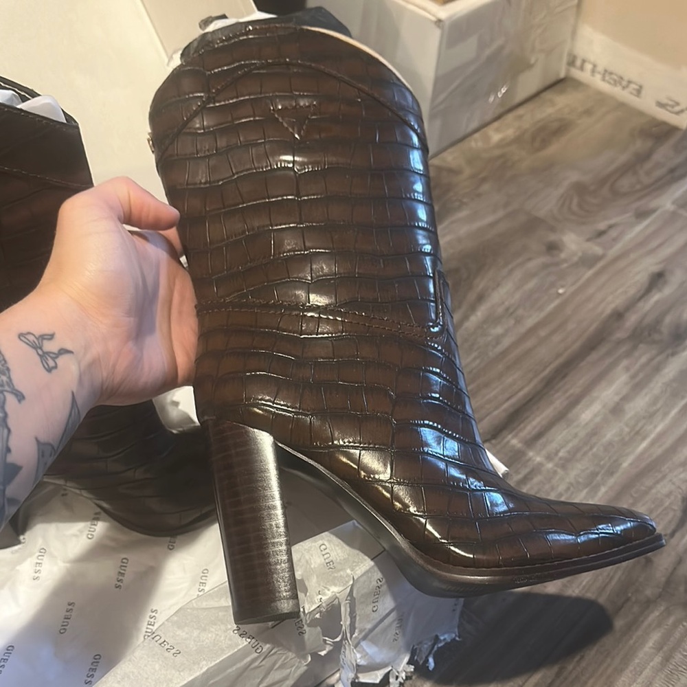 Guess Brown Heeled Boots with Croc Texture
